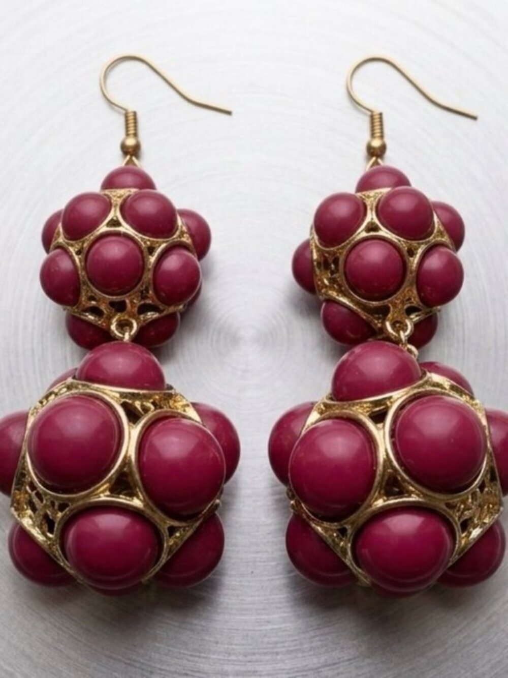 Gold & Deep Magenta Cluster Drop Earrings